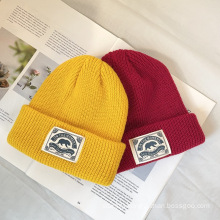 custom beanie leather patch plain knitted beanie